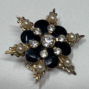 Vintage Snowflake Brooch - Black and Pearl-like stones with clear rhinestones